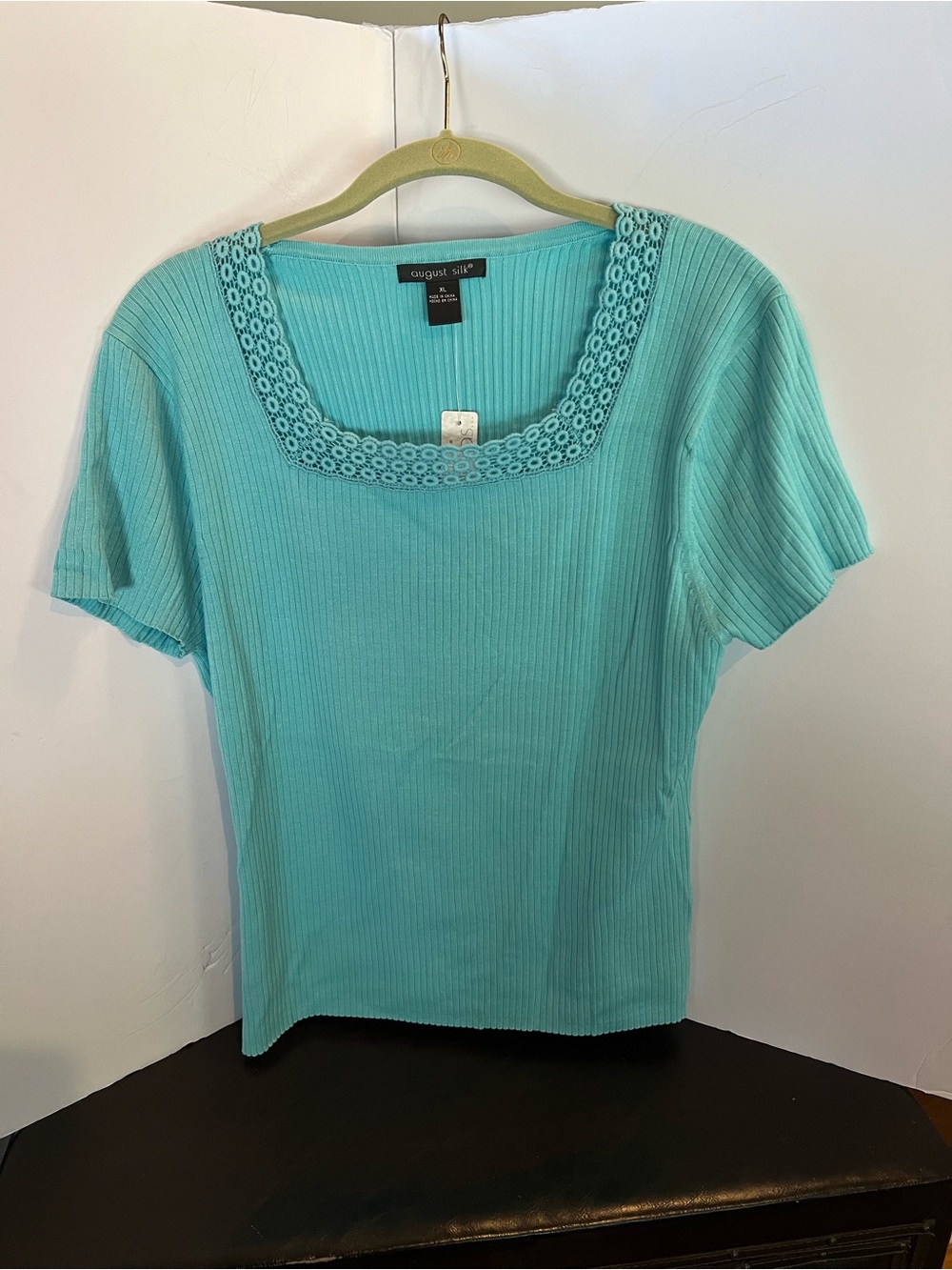 august silk Aqua Ribbed Short Sleeve Top with Lace Square Neckline
